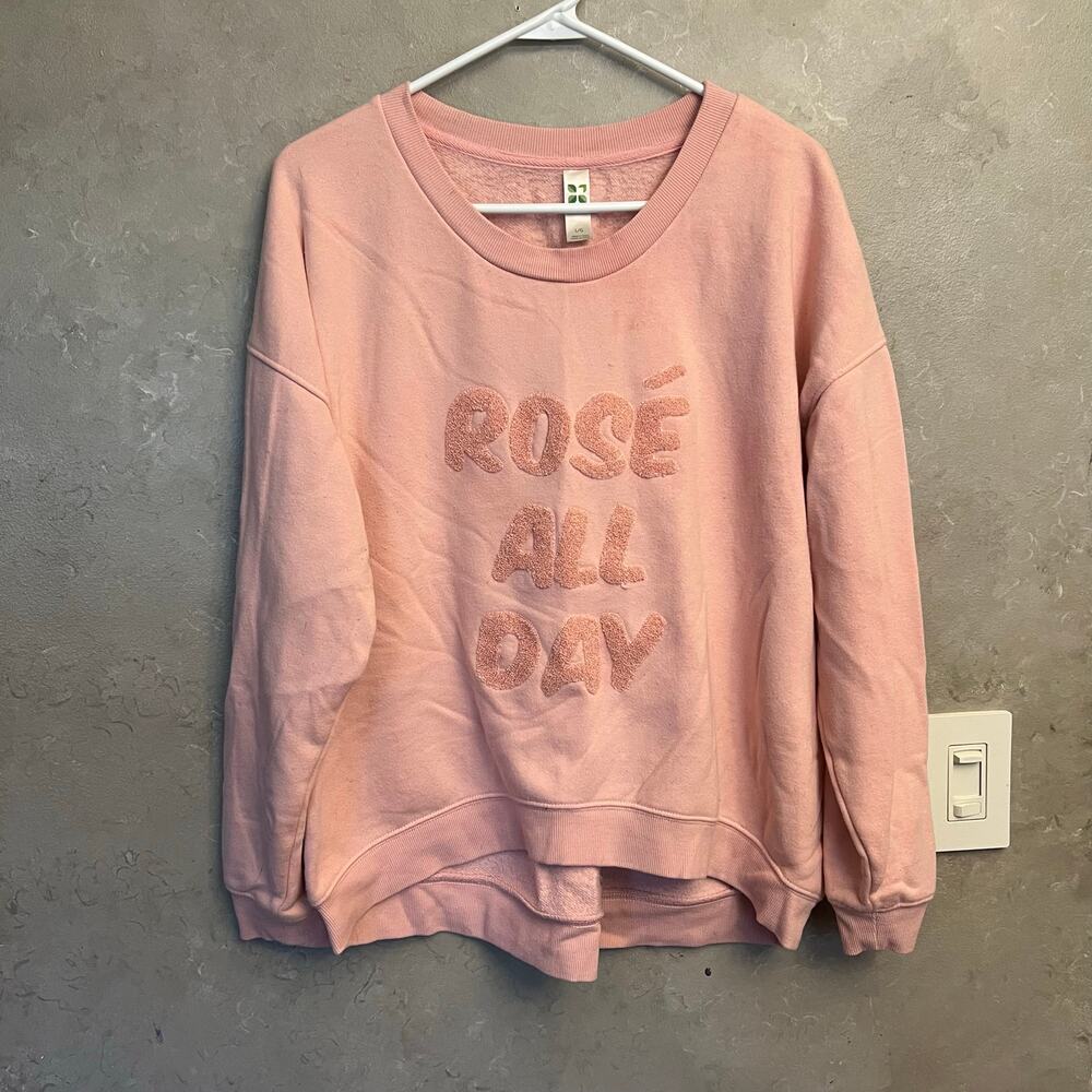 Green Tea Rosé All Day Pink Graphic Sweatshirt Large L Pullover Crewneck Fuzzy - Picture 4 of 9